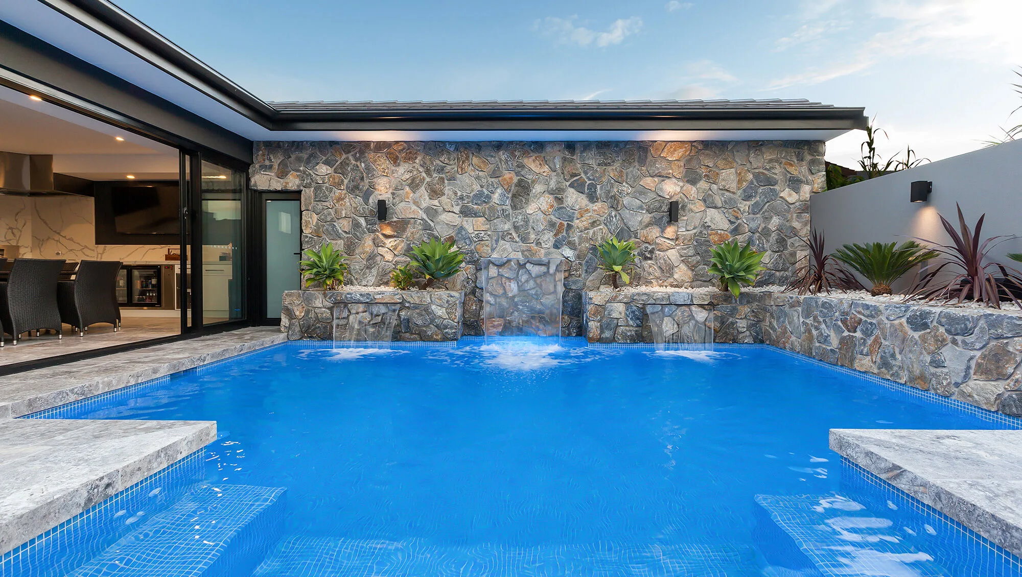 Pool, cabana and patio at Earlwood
